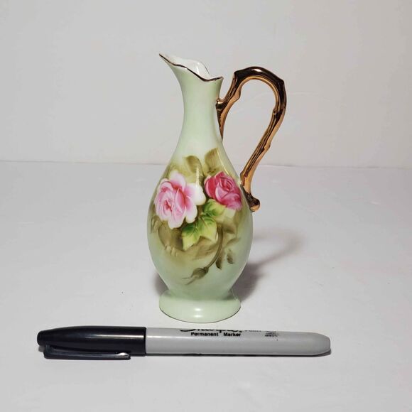 Lefton Green Heritage Small Pitcher Pink Roses Vintage - Picture 4 of 7